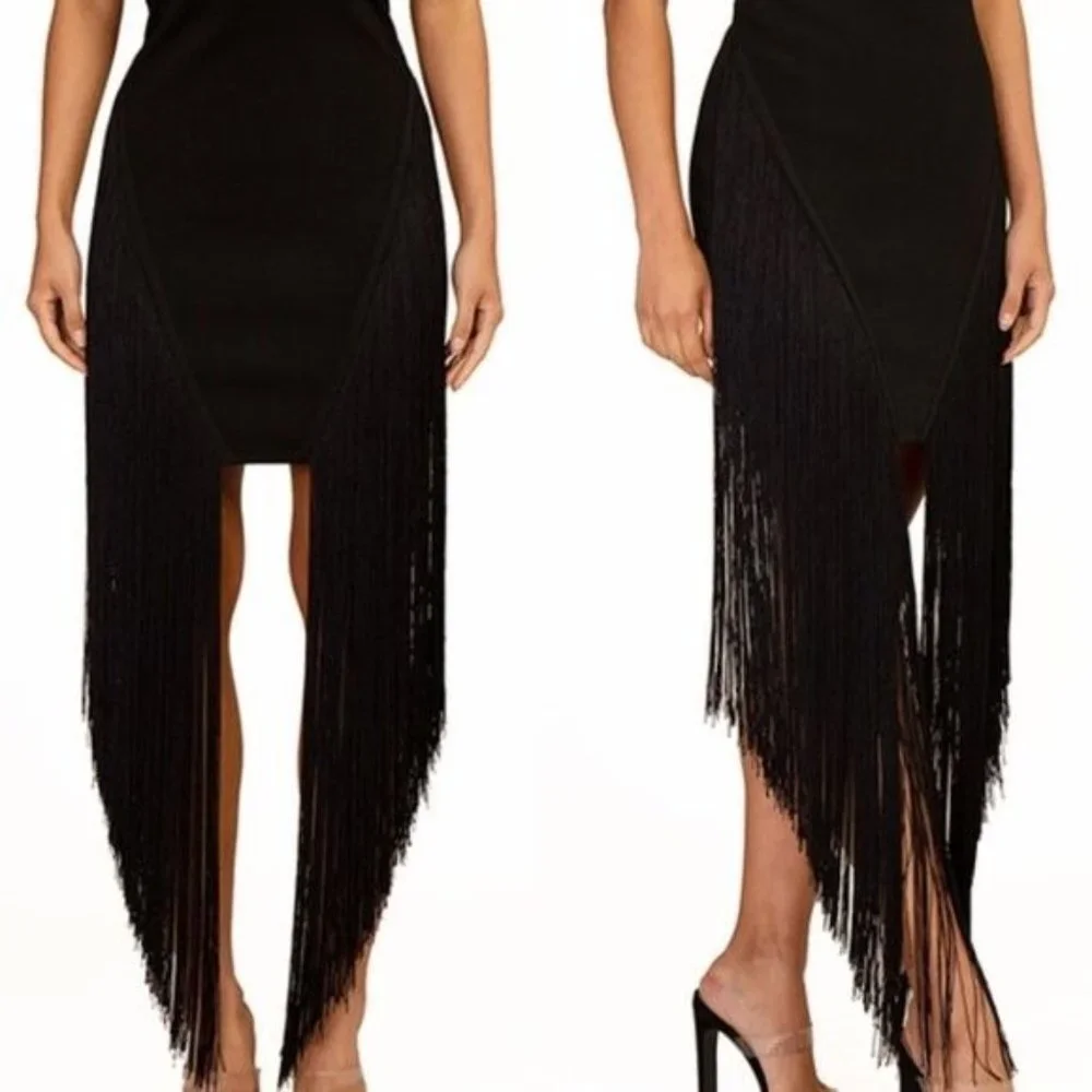 Callie Maxi Fringe: Statement Black Strapless Bandage Tube Mini Dress - Picture 3 of 4